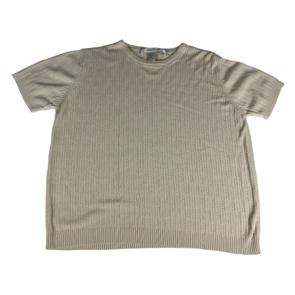 Composition Silk Cable Knit Sweater Top Women's L Cream Crewneck Short Sleeve - Picture 1 of 4